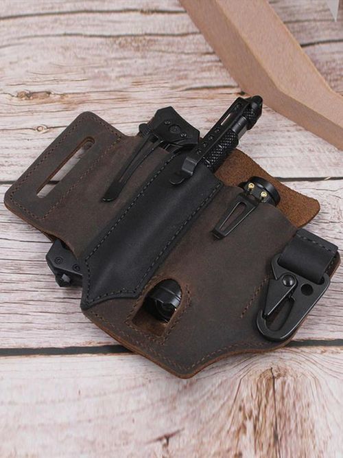 Men's Cowhide Solid Color Durable Belt Bag, EDC Tool Pouch, Multifunctional Storage Bag for Pen, Keychain, Flashlight, Tactical Pack