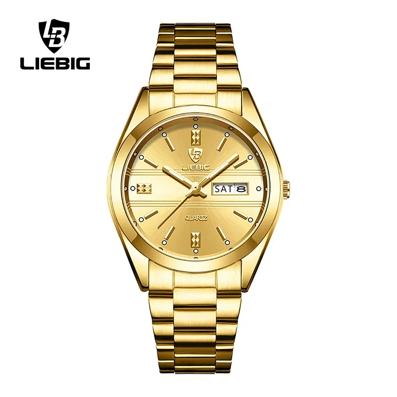 LIEBIG 25.5MmTimeless Gold-Tone Watch for Women Classic Dial Glam Stainless Steel Foldable Clasp 3ATM Waterproof Daily Commuting Sports Dating Quartz