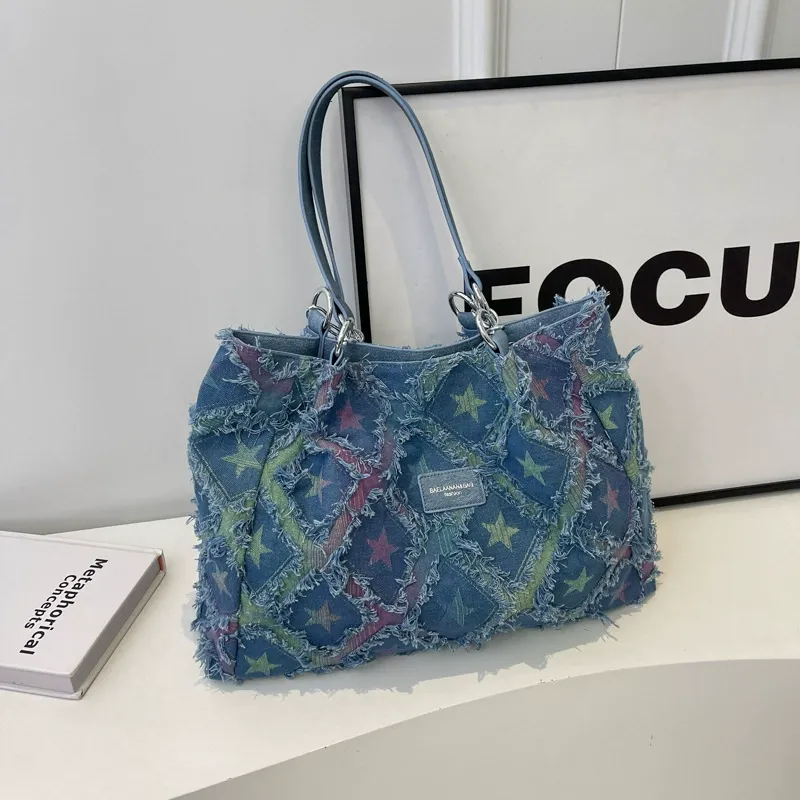 Women's Fashionable Star Pattern Raw Trim Tote Bag, Large Capacity Shoulder Bag, Elegant Commuter Rhombus Bag, High-capacity Denim High-sense Bag, Fashionable Patterned Bag, Suitable for Dating, Classes, Shopping