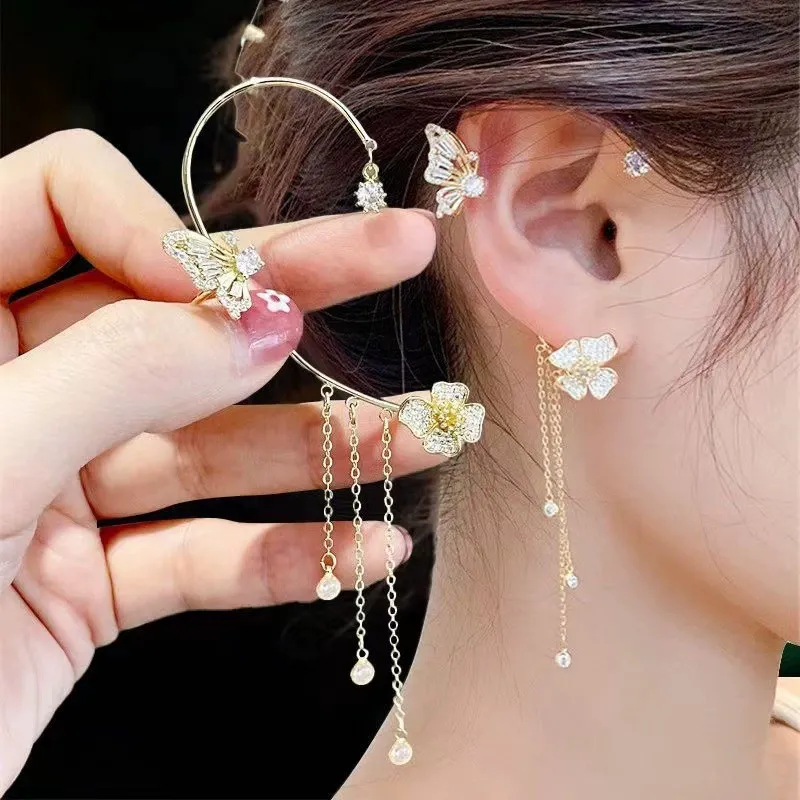 New Minimalist Fashion Sparkling Rhinestone Butterfly Flower Non-Piercing Tassel Ear Cuffs Set of 2 for Women