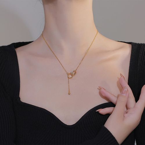 Interlocking Double Circle Necklace - Layered Tassel Pendant with Micro Inlay, Minimalist Luxury for Trendy Women, Viral Ins Fashion Jewelry
