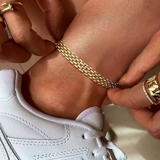 Minimalist 14K Gold Plated Braided Anklet & Bracelet - Thick Chain Anklet, Thin Bracelet for Women, European and American Fashion Jewelry, Fadeless Classic Accessories, Versatile for Daily Wear & Gifting