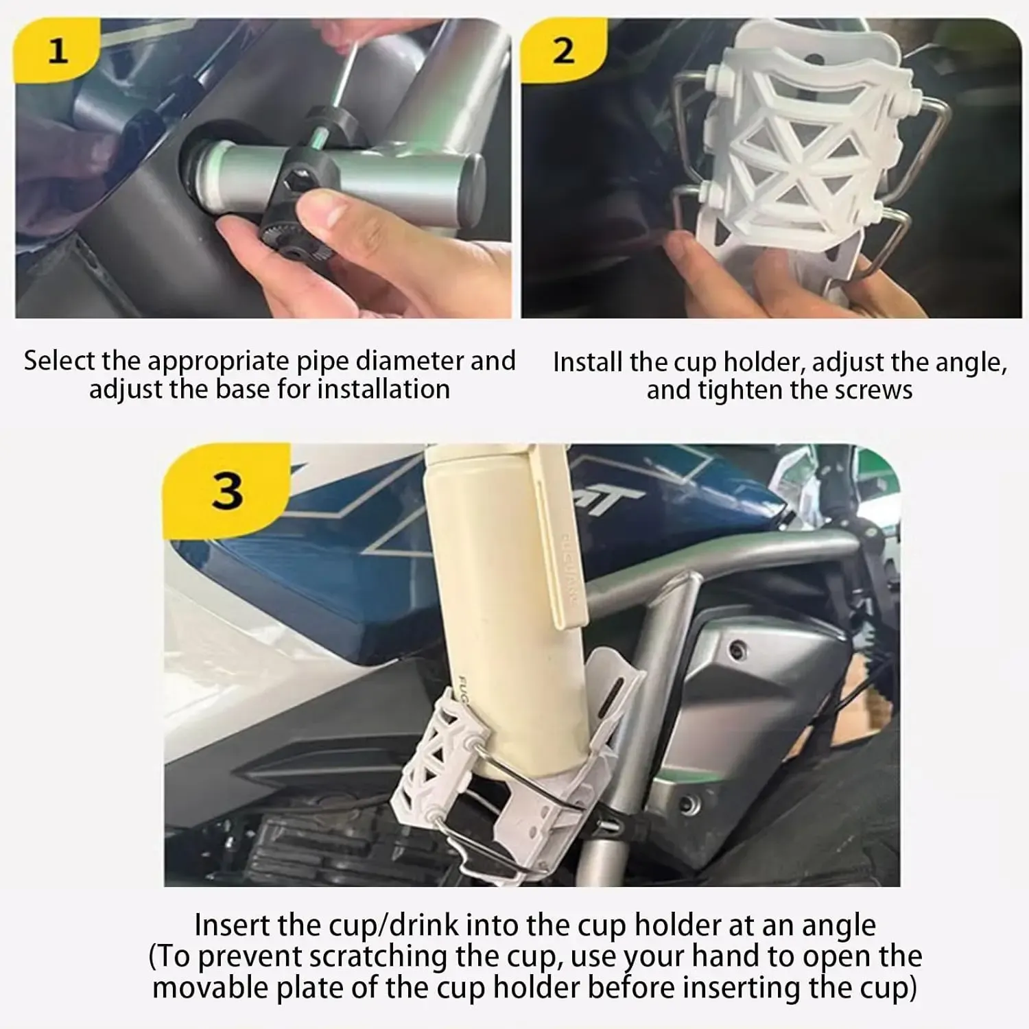 Self-Adjusting Cup Holder, 360° Rotatable Auto-Lock Self Adjusting Cup Holder, Bike Cups Holders Drink Holders, Adjustable Handlebar Crash Bar Mount Cups Cage for Cycling, Motorcycles