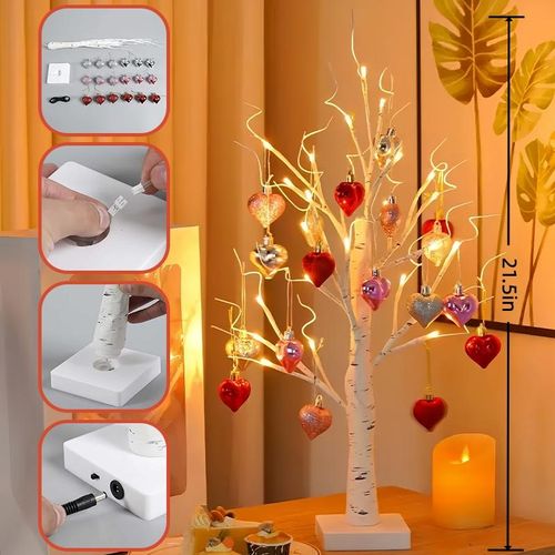Valentine's Day Decorations Heart-Shaped Birch Lamp DIY Design Table Lighting Heart-Shaped Pendant Light Perfect for Bedside Lamps in Bedrooms Romantic Living Room Atmosphere Decor Ideal for Birthday, Engagement, and Wedding Decorations