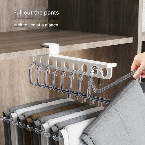 New Home Pull-Out Sliding Rail Pants Hanger Wardrobe Organizer Space-Saving Drill-Free Installation Telescopic Bracket