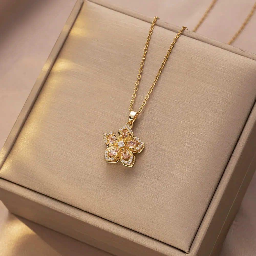 Rotatable Flower Design Trendy Charm Necklaces for Women, Summer Rhinestone Decor Fashionable Accessory for Party, Daily Clothing Decor, Trendy & Exquisite Jewelry for Holiday Parties, 90s Minimalism