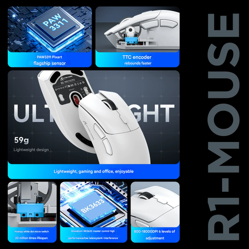 Attack Shark R1 Lightweight Gaming Mouse - Wired Wireless Bluetooth Tri-Mode, Ergonomic Mouse for Esports Gaming & Office Work