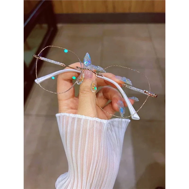 Light Luxury Rimless Glasses for Women - Champagne Gold Starry Sparkle Trim, Glitter Legs Design, No-Frame Slimming Eyewear, Trendy Bestselling Fashion Glasses