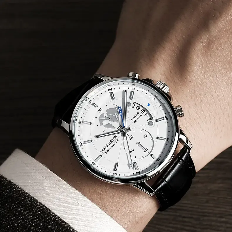 Elegant Men's Watch: Globe Design, 30m Water Resistance, Luminous Dial, Calendar & Chronograph | Stylish for Day & Business | Classic Timepiece