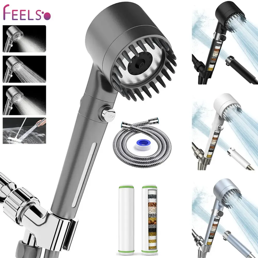 Handheld Filter Shower Head High-Pressure Power Wash - 4-Setting Massage Spray, 60 Hose, Chrome Finish, Easy Install, Low Flow, One-Touch Water Stop, Adjustable Pressure, Micro-Technology Nozzles