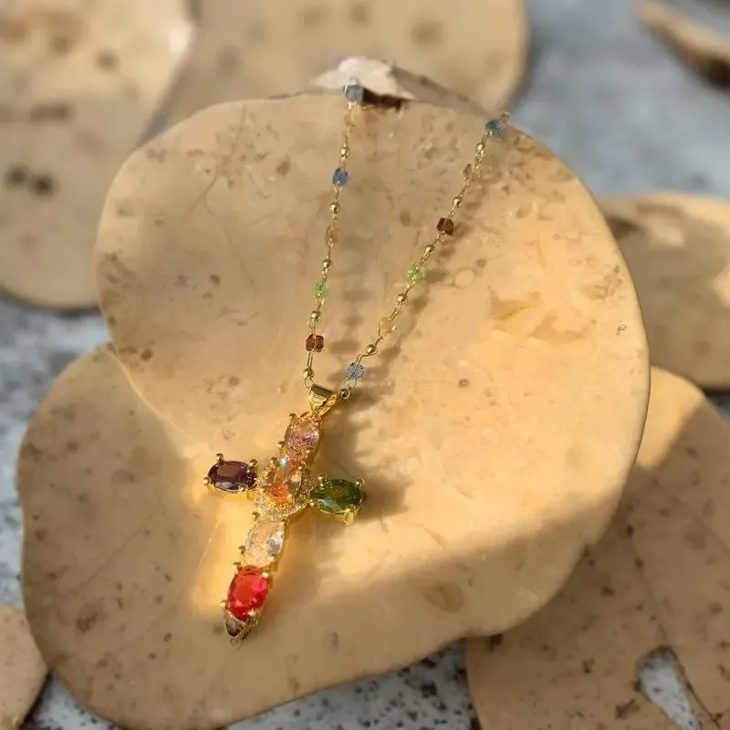 Rainbow Cross Pendant Necklace for Women Gothic Catholic Christian Costume Accessories Jewelry