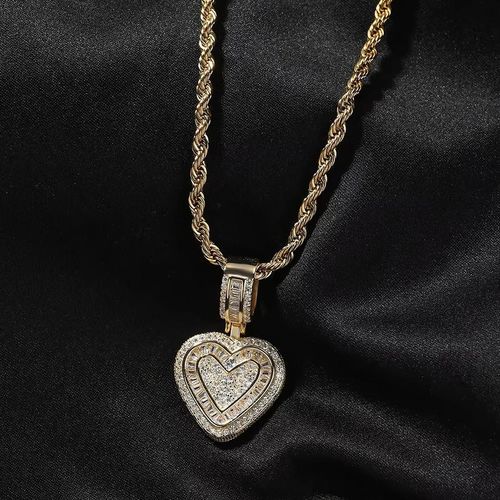 Hip Hop Heart Necklace for Women, Cubic Diamond Heart Pendant Necklace with 14K Gold Plated Heart Charm Chains Birthday Gifts for Women