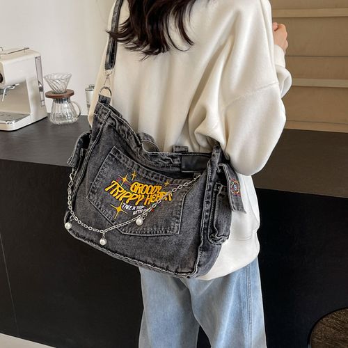 College student tote bag for girls large capacity denim trend new style one-shoulder crossbody handbag niche design backpack, college, outdoor, sports, travel, outing, shopping, vacation, vacation, fashion niche design, women bag
