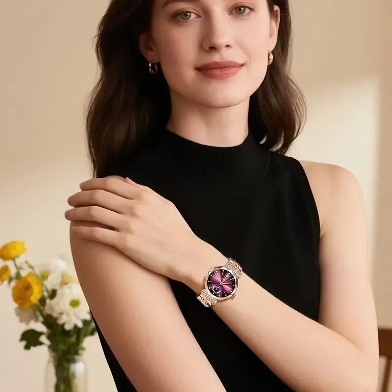 Luxurious Ladies' Jewelry Watch — Diamond-Cut Crystal, Stainless Steel Case, Water-Resistant Design, Sun, Moon, and Stars Motif. An Elegant Timepiece—The Perfect Gift for Her (Watch Box Not Included).