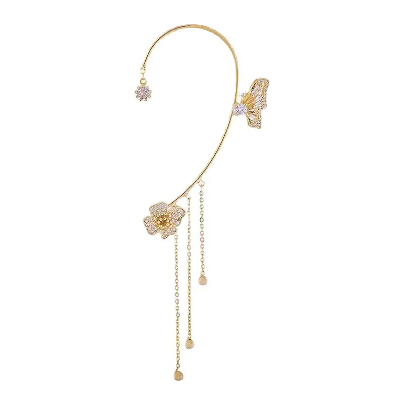 New Minimalist Fashion Sparkling Rhinestone Butterfly Flower Non-Piercing Tassel Ear Cuffs Set of 2 for Women