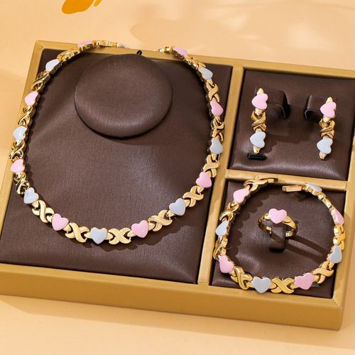 Royal-Inspired Color XO Heart Necklace & Bracelet & Earrings Set, Matching Jewelry Set, Casual Style Metal Chain Design Jewelry for All Seasons, Complete Accessories Set