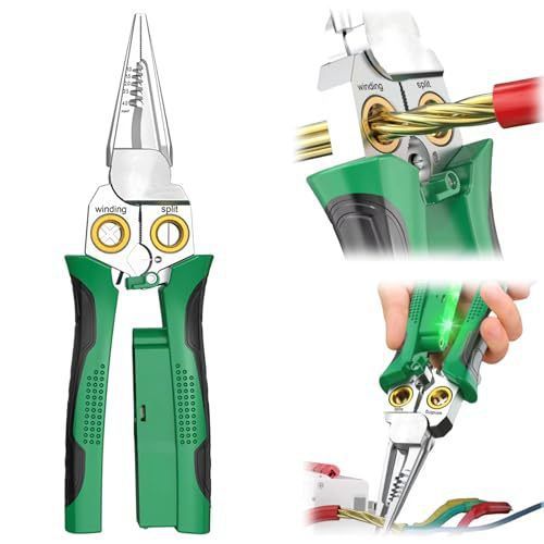 SEESE 8 in 1 Wire Stripper Twister for Cutting and Pulling Wires, Voltage Tester Pliers,Cable Scissors, 12V to 250V Live,Null,Hot Wire Judgment AC DC, Audible and Flashing LED Alarms