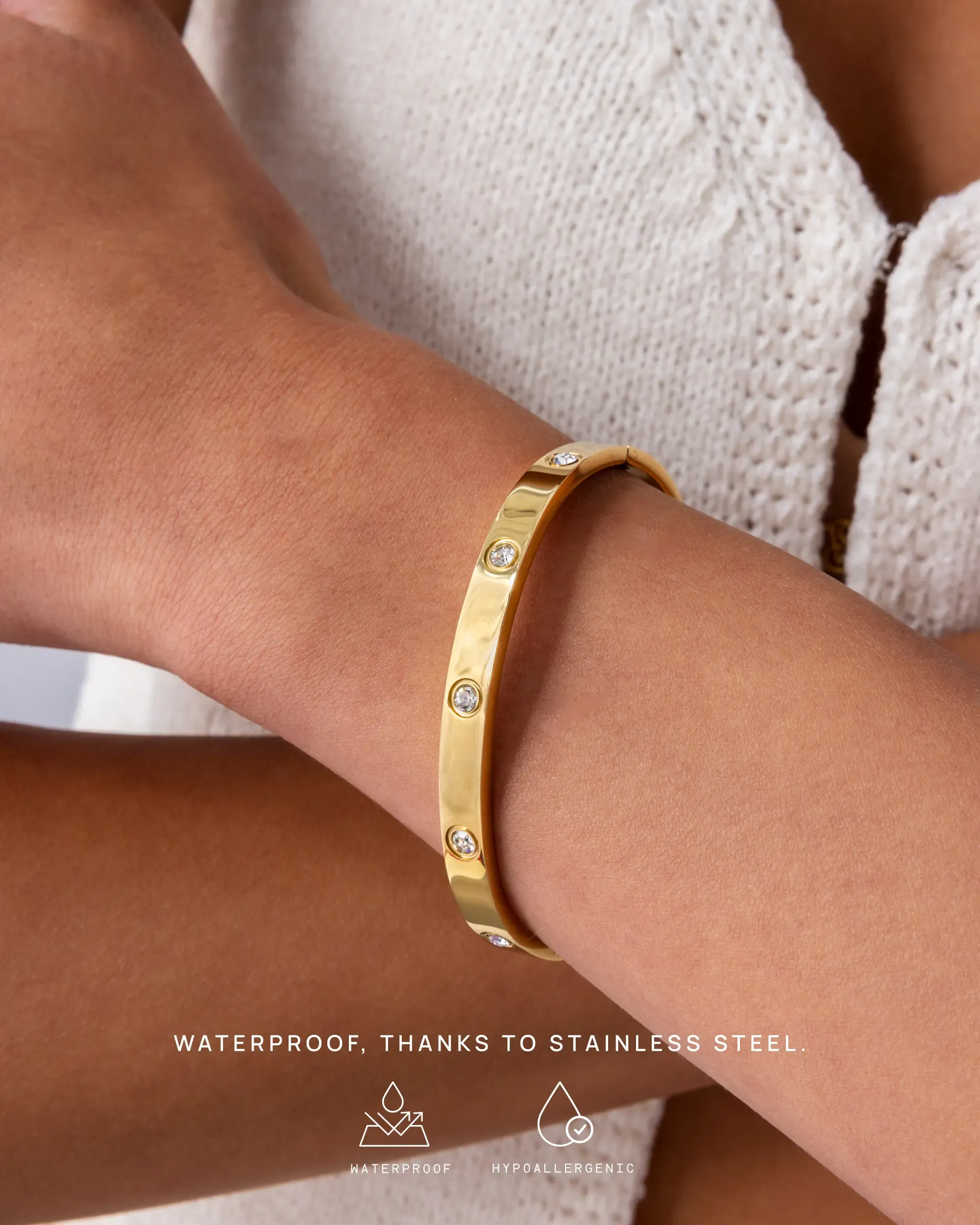 7-Inch Women's Waterproof Love Bracelet— 14K Gold-Plated Hinged Bangle (Replica Style), Inlaid with Cubic Zirconia — Stackable Stainless Steel Bracelet, Trendy Fashion Jewelry (Box Not Included)