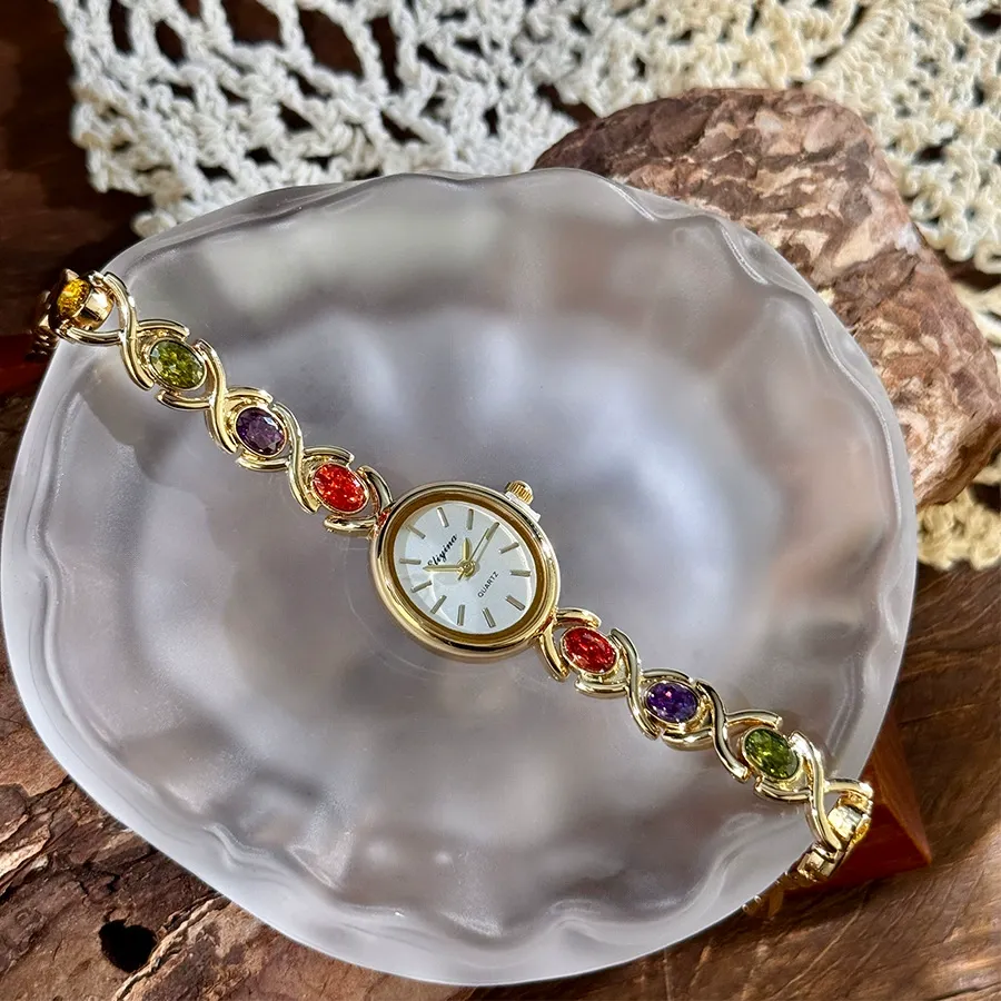 Women's Elegant Multicolor Artificial Gemstone Decorated Quartz Watch, Exquisite Trendy Wristwatch, Fashionable Watch As Gift, Jewelry Bracelet Watch