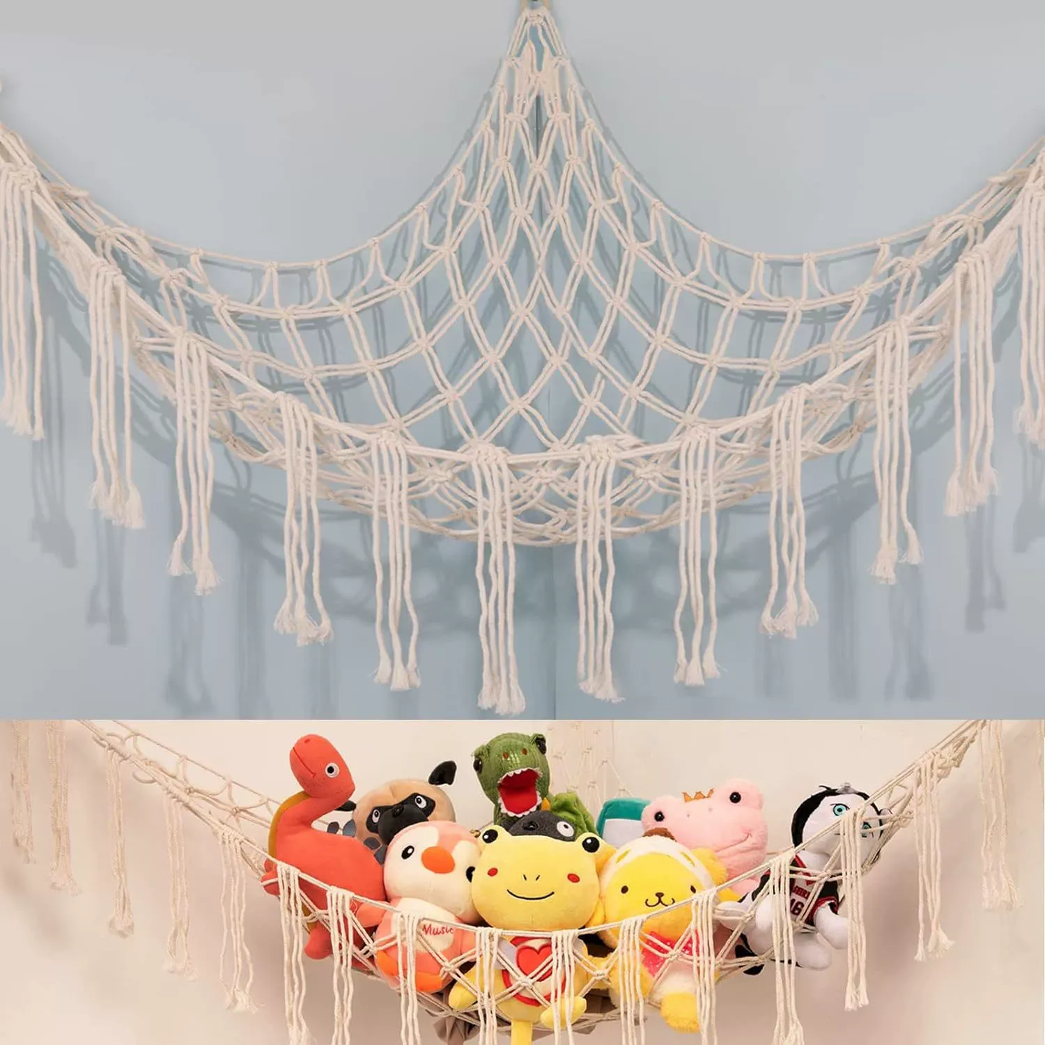 Plush Toy Net, 1 Count Hand-woven Rope Wall Mounted Triangular Toy Storage Corner Basket Organizer, Home Organizer for Living Room Bedroom Dormitory