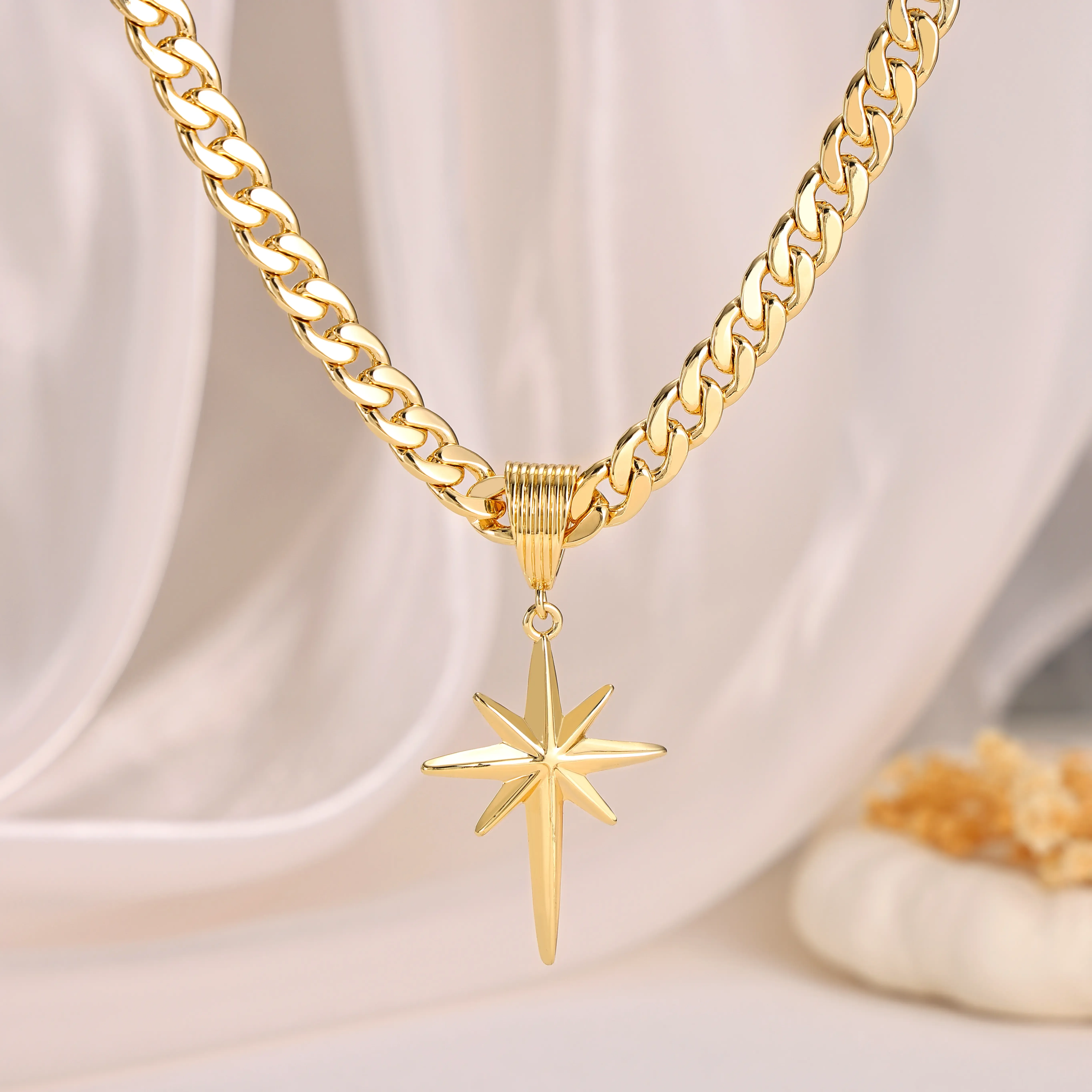 Gold 8mm Women's Flat Cuban Eight-Pointed Star Pendant Birthday Gifts Anniversary Gifts Jewelry for Women Girls Mother's Day Gift