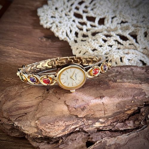 Women's Elegant Multicolor Artificial Gemstone Decorated Quartz Watch, Exquisite Trendy Wristwatch, Fashionable Watch As Gift, Jewelry Bracelet Watch