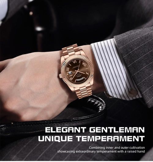 Luxury dress watch for men, 40mm rose gold dial, stainless steel bracelet, rotating quartz analog movement, water-resistant, luminous large dial, a sophisticated business watch, no watch box included.