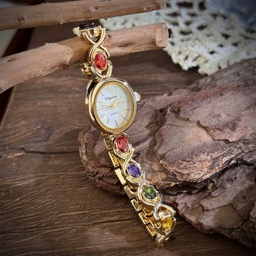 Women's Elegant Multicolor Artificial Gemstone Decorated Quartz Watch, Exquisite Trendy Wristwatch, Fashionable Watch As Gift, Jewelry Bracelet Watch