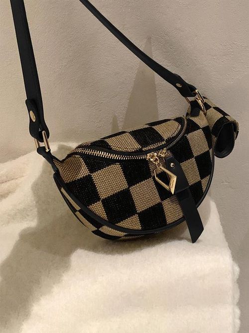 Women's Checked Pattern Fanny Pack, with Headphone Bag, Fashionable PU Leather Zipper Bum Bag for Daily Used, Casual Trendy Versatile High-quality Daily Commuting Bag