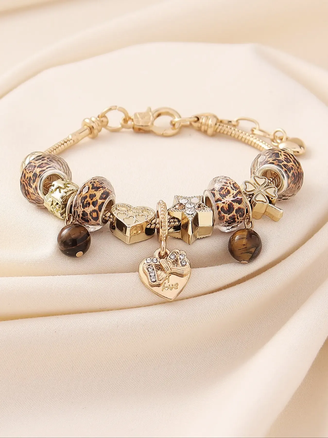 Women's Leopard Print Beaded Bracelet with Bow, Heart, Clover and Tiger Eye Stone, Trendy Fashion Jewelry, Heart Shaped Bracelet, Heart Charm Bracelet, Perfect for Parties, Nights Out and Daily Wear