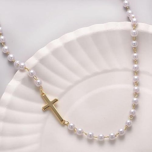 Simple Cross Pendant Choker Necklace Dainty Tiny Cross for Women Girls Christmas Gift All-match Exquisite Jewelry Pearls 2inch Extension Chain