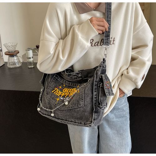 College student tote bag for girls large capacity denim trend new style one-shoulder crossbody handbag niche design backpack, college, outdoor, sports, travel, outing, shopping, vacation, vacation, fashion niche design, women bag