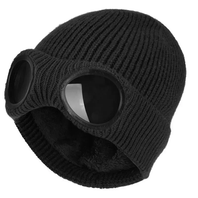 Unisex Solid Color Goggle Lens Design Beanie Hat, Casual Soft Comfortable Beanie for Fall & Winter, Fashion Accessories for Both Men & Women, Knitted Winter Hat