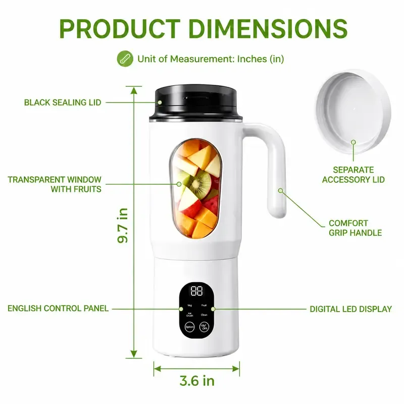 Compact Cordless Portable Blender - USB-Rechargeable Handheld Juicer & Citrus Juicer, 22000 RPM, LED Display, Anti-Slip Feet, BPA-Free Food-Grade, 5s Auto-Stop Safety, Self-Cleaning Ice Crusher for Frozen Drinks (Kitchen Household Appliance)
