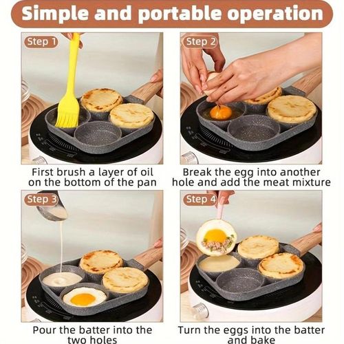 4-hole Non-stick Frying Pan, 1 Count Household Egg Frying Pan with Wooden Handle, Easy To Clean Small Frying Skillet for Home Kitchen, Birthday Gift Ideas, Nonstick Cookware