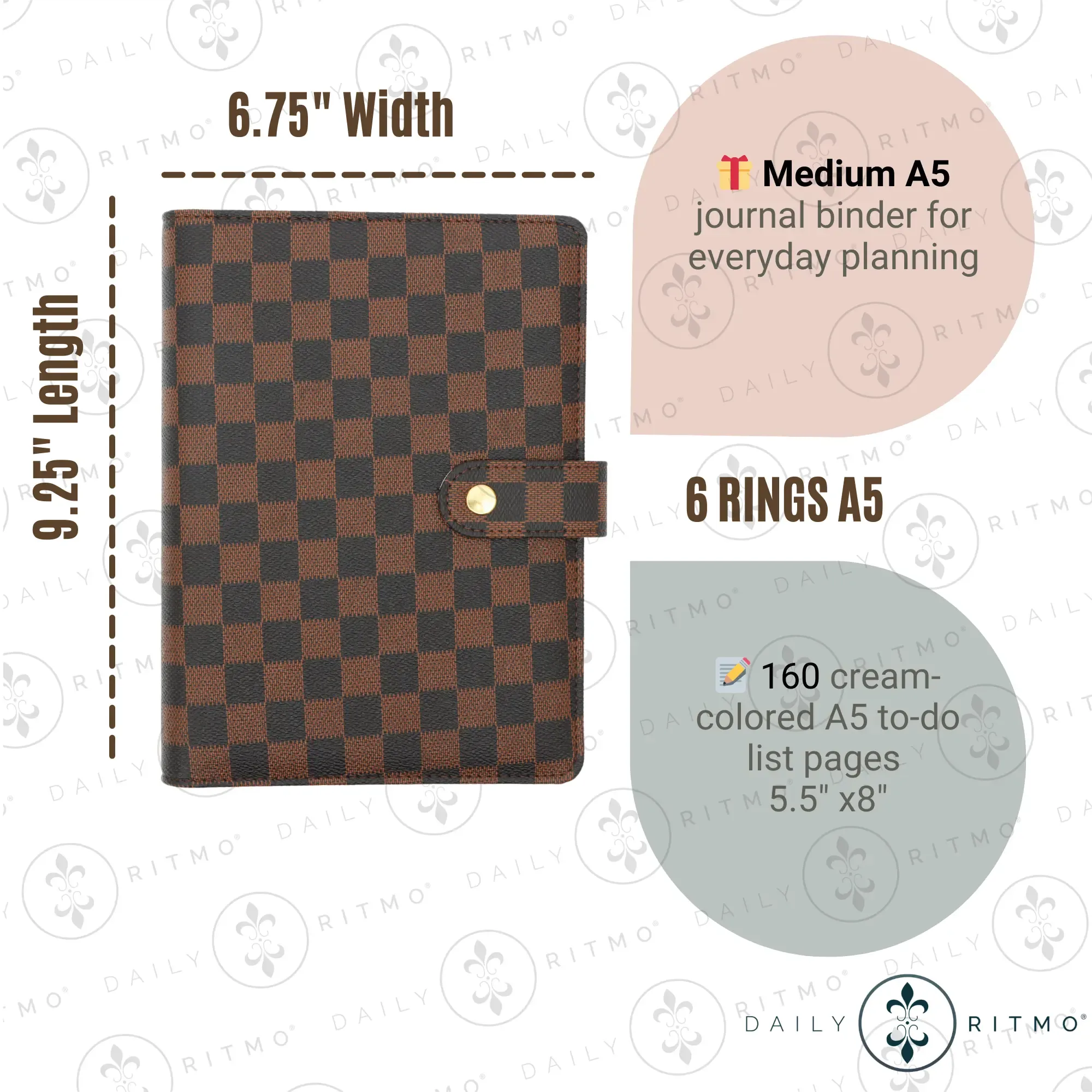 DAILY RITMO A5 Checkered Planner 6-Ring - PU Leather Binder Cover with 160 Pages of Daily To Do List