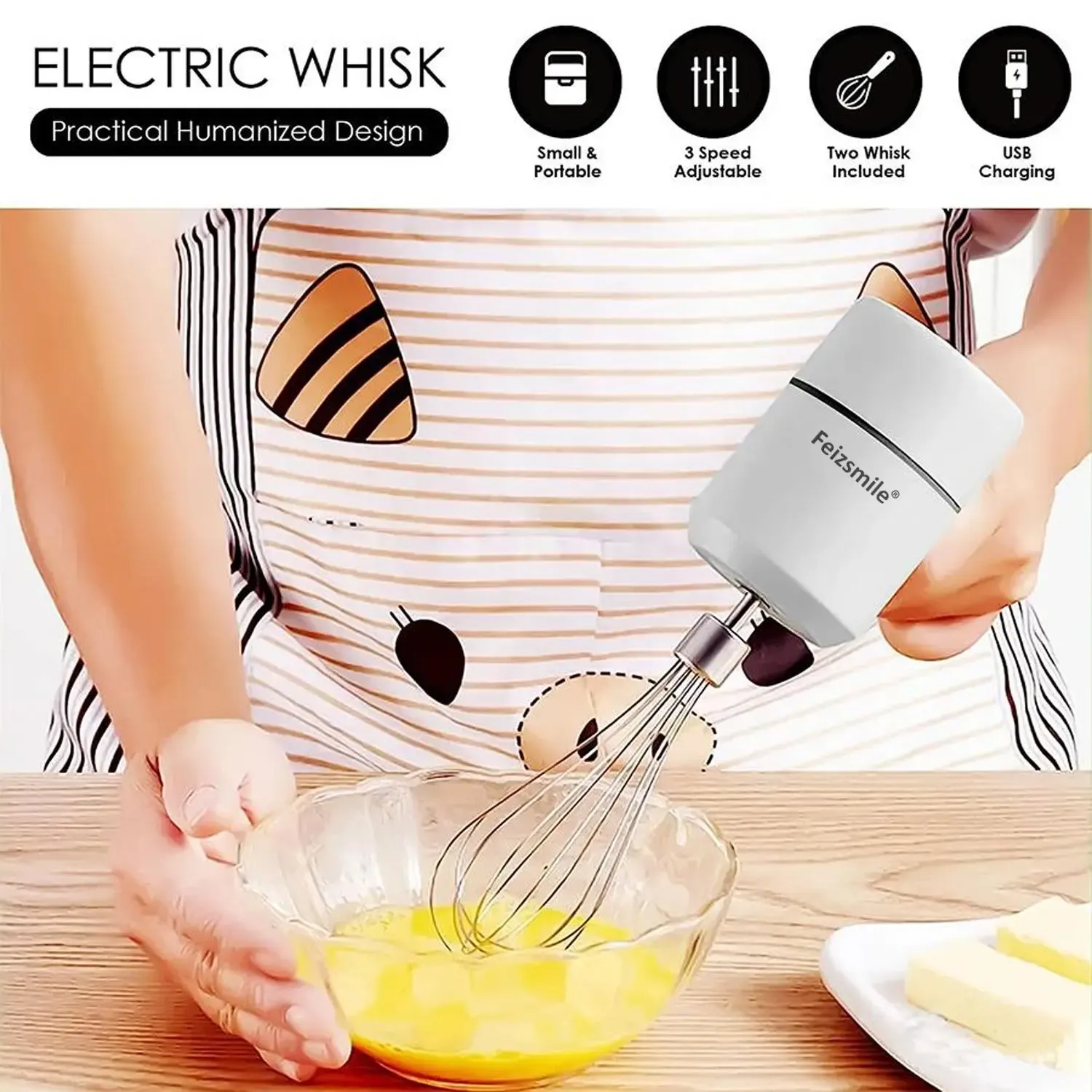 Electric Hand Whisk with USB Charging, Multi-Functional Kitchen Gadget for Baking & Mixing, Cordless Kitchen Mixer