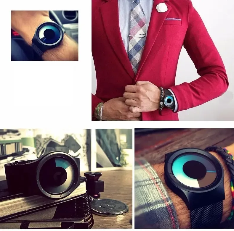 Mens Futuristic Minimalist Watch with Creative Rotating Disk Dial and Blue Gradient Design Perfect Birthday and Valentines Day Gift for Him Modern Stylish Everyday Accessory for Trendy Men