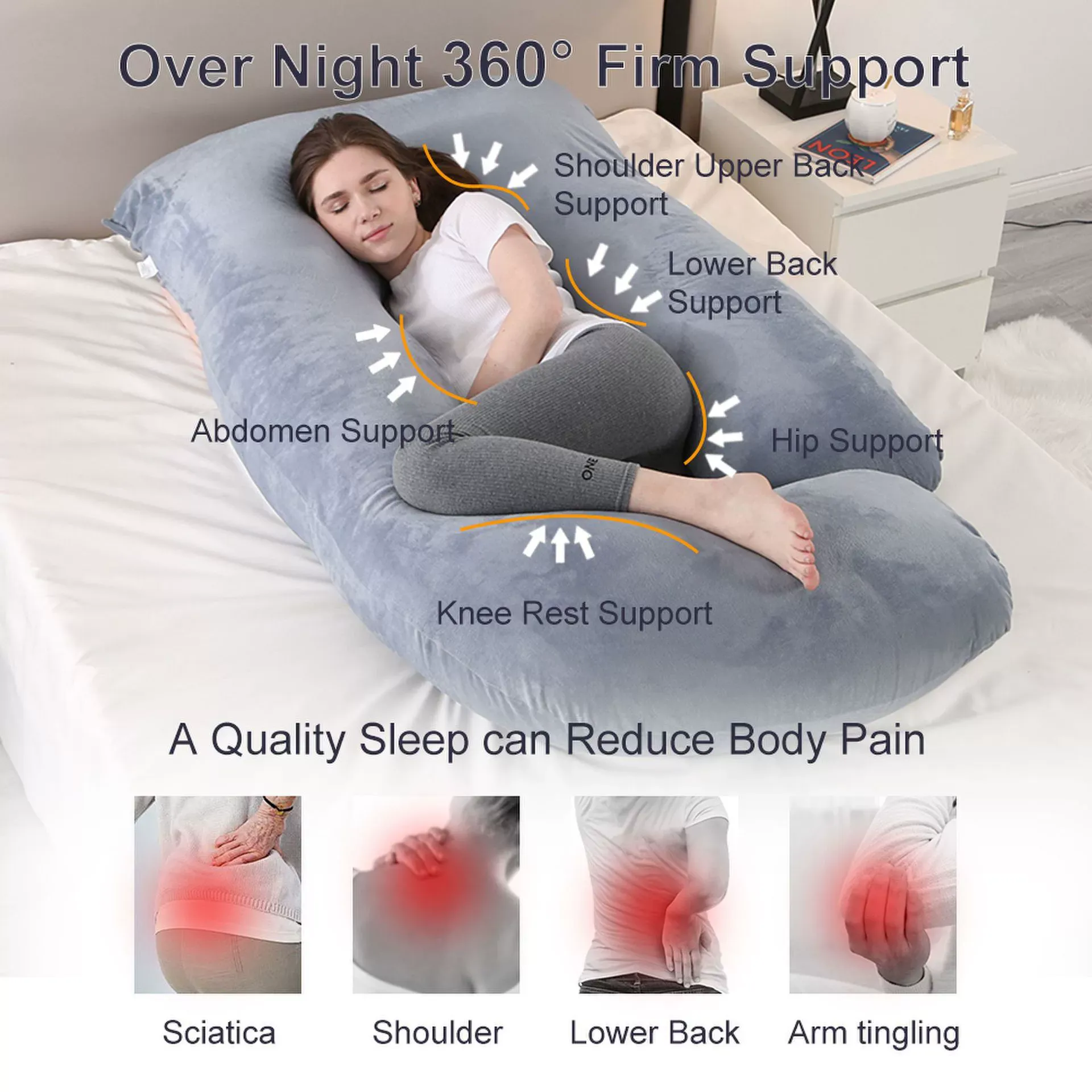 Momcozy Pregnancy Pillows, U Shaped Full Body Maternity Pillow with Removable Cover, 57 Inch Pregnancy Pillows for Sleeping, Grey