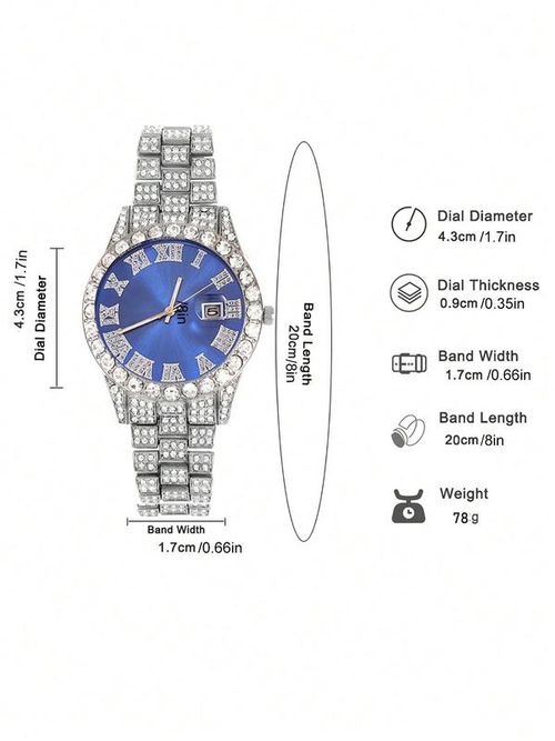 Men's Punk Style Rhinestone Decor Watch & Bracelet & Adjustable Cross Charm Necklace & Cuban Necklace, Exquisite Trendy Fashion Watch Set As Gift 4-piece set (box not included)