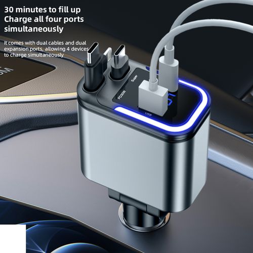 CHNKEYUN 4 in 1 Retractable Car Charger,Super Fast Charging Car Charger Max 120W, Retractable Cable and 2 USB Ports Car Charger Adapter for iPhone 15 14 13 12 Pro Max, Galaxy S23 Bluetooth Charger phone charger
