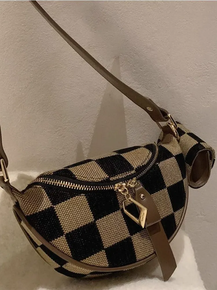 Women's Checked Pattern Fanny Pack, with Headphone Bag, Fashionable PU Leather Zipper Bum Bag for Daily Used, Casual Trendy Versatile High-quality Daily Commuting Bag