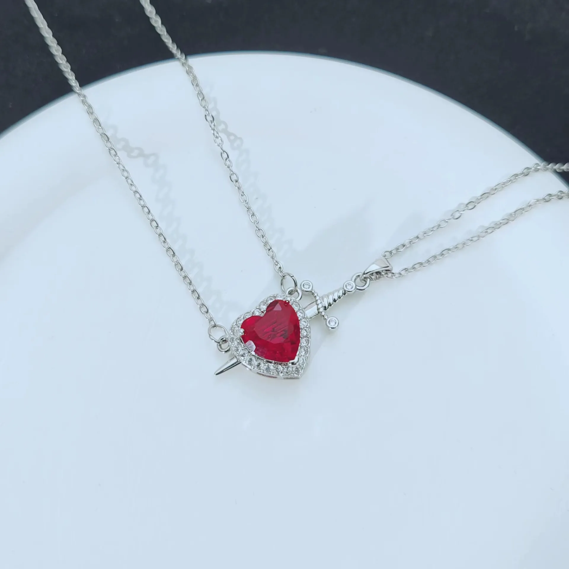 Heart Arrow Necklace - Couples Matching Hypoallergenic Red Zircon Love Sword Pendant Titanium Steel Choker  Dainty Chic Gift for Her & Him
