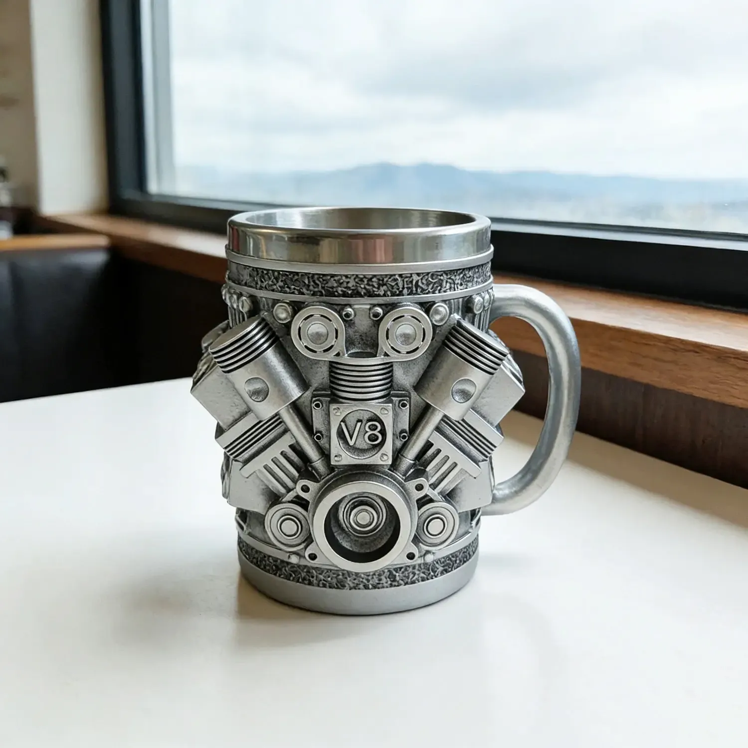 Personalized Stainless Steel Mug - V8 Engine Design, 10oz Handcrafted Durable & Stylish, Perfect for Car Enthusiasts,Coffee Cup,Birthday Present,Holiday Gift Reusable