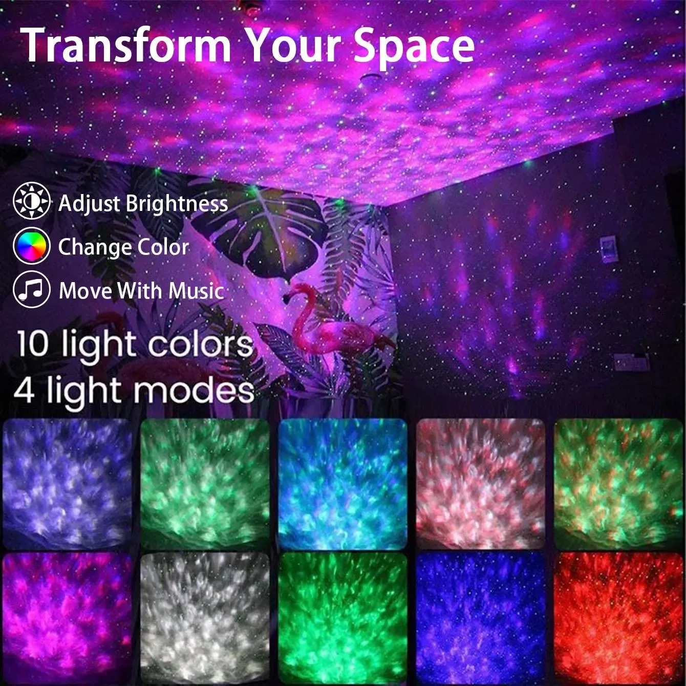 USB Powered Projector lamp, LED Water Wave Starry Sky Effect Night Light, Led Lights Music, Party Lighting Decoration with Remote Control