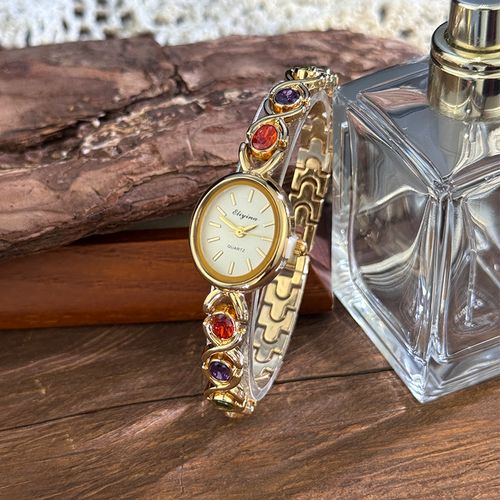 Women's Elegant Multicolor Artificial Gemstone Decorated Quartz Watch, Exquisite Trendy Wristwatch, Fashionable Watch As Gift, Jewelry Bracelet Watch