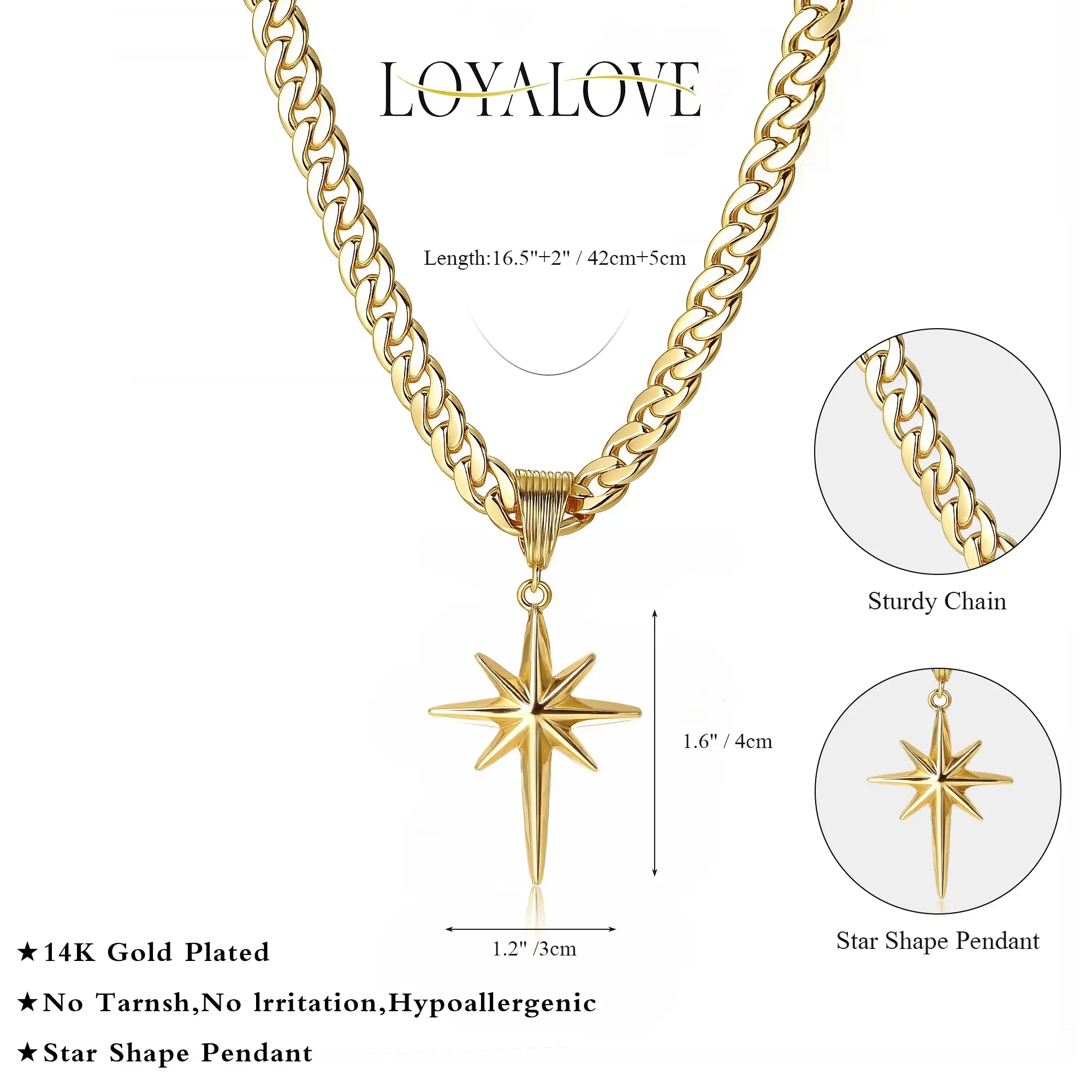 Gold 8mm Women's Flat Cuban Eight-Pointed Star Pendant Birthday Gifts Anniversary Gifts Jewelry for Women Girls Mother's Day Gift