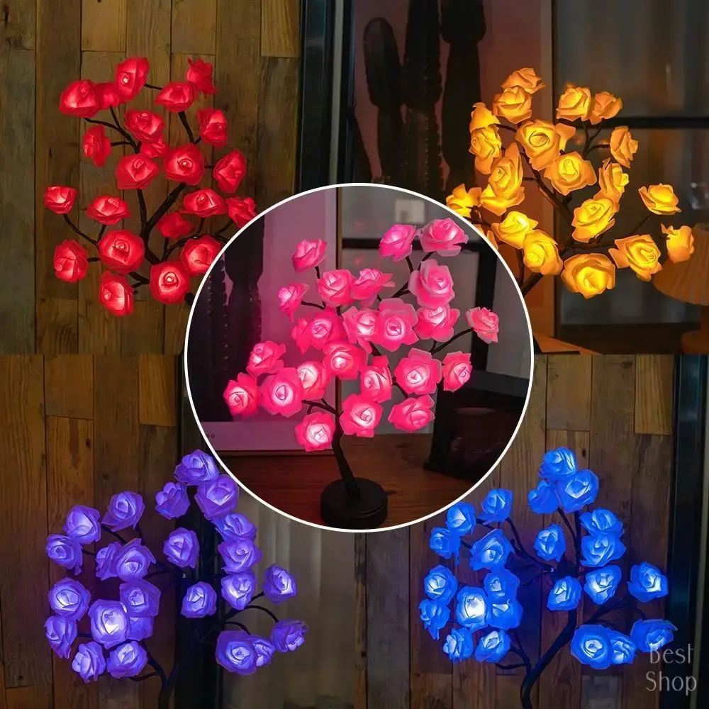 LED Rose Flower Tree Night Light USB Battery Powered Table Lamp for Bedroom Holiday Decoration Valentines Day Mothers Day Gift Home Decor