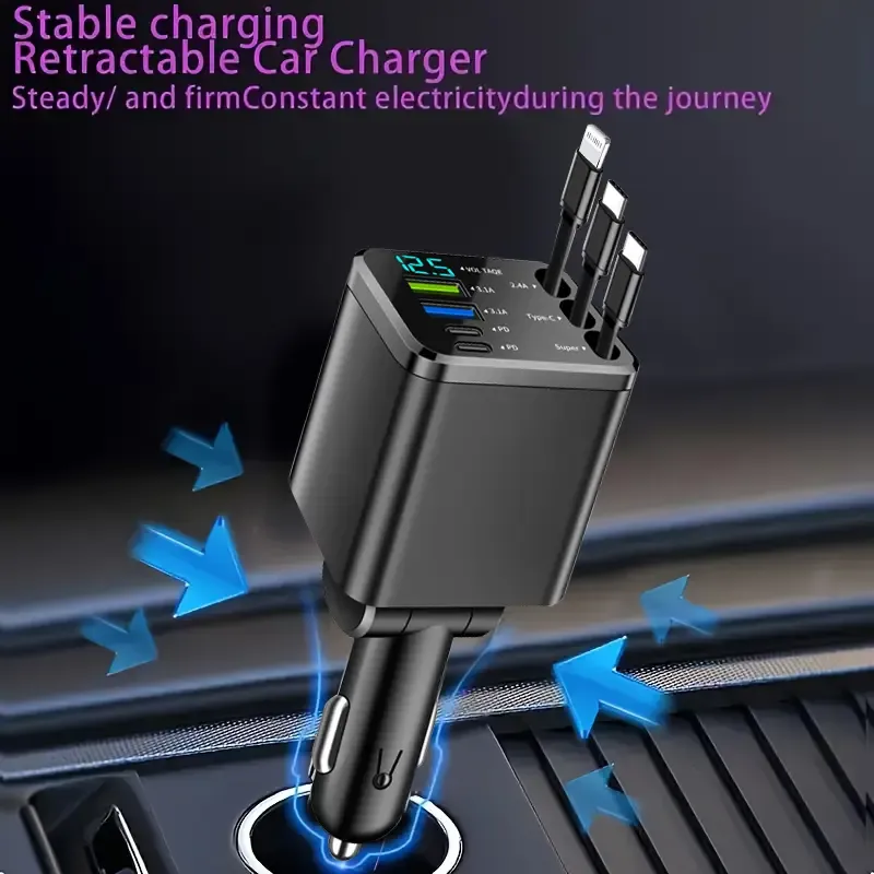 Super Fast Car Charger: QC3.0&PD2.0,120W Max,3 Retractable Cables + 4 Ports | 7-in-1,Smart Chip & LED Voltage Display | Universal Charging Solution for iPhone & AndroidThe Ultimate Road Trip Companion