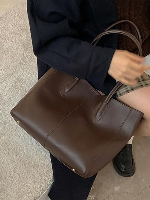 Women's Fashionable Solid Color Soft PU Leather Tote Bag, Large Capacity Shoulder Tote Bag For Daily, School & Commuting Used, Leather Tote Purses